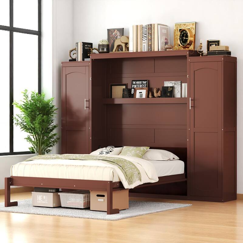 Full/Queen Murphy Bed with 2 Wardrobes and Shelf, Foldable Wall Bed Frame with Storage for Guest Room or Bedroom - Walnut - Full