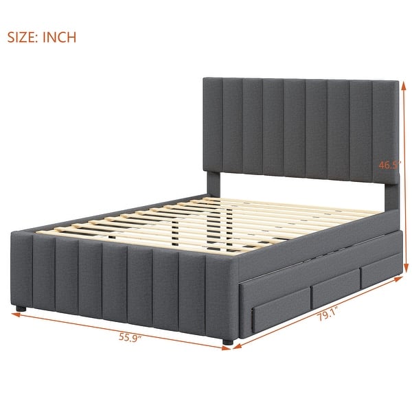 dimension image slide 1 of 2, Full Size Upholstered Platform Bed with Twin Size Trundle and 3 Drawers, Linen Fabric, Gray