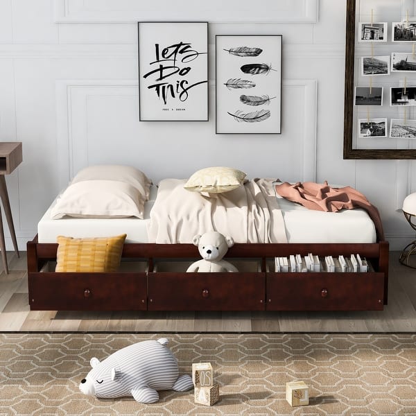 slide 2 of 25, Space-Saving Twin Size Platform Storage Bed with 3 Drawers - Pine Wood Frame, Available in 3 Colors