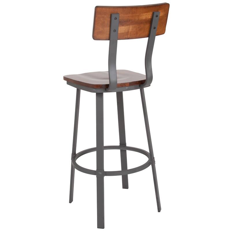 Rustic Walnut Restaurant Barstool with Wood Seat & Back & Gray Powder Coat Frame - 16.25"W x 22.75"D x 45"H