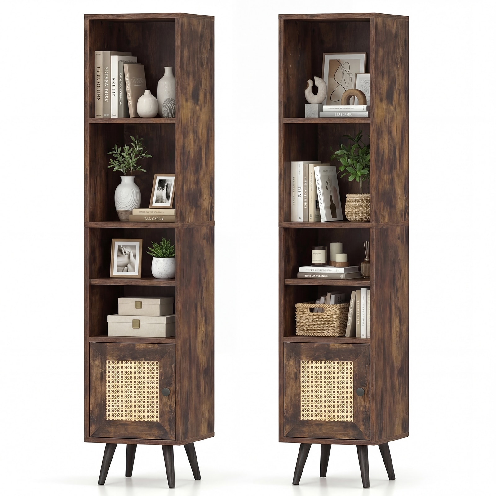 Gymax 2PCS 6-Tier Tall Narrow Bookcase w/Adjustable Shelf & Boho Style