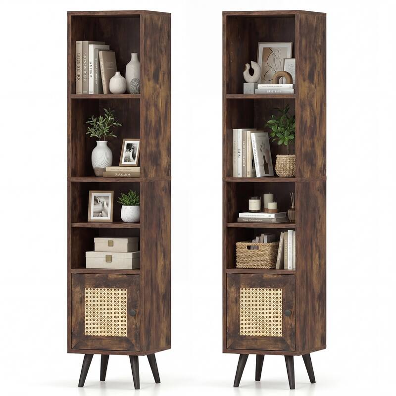 Gymax 2PCS 6-Tier Tall Narrow Bookcase w/Adjustable Shelf & Boho Style - Brown