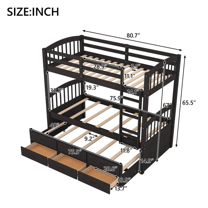 Twin Over Twin Wood Bunk Bed with Trundle and Drawers, Espresso Finish