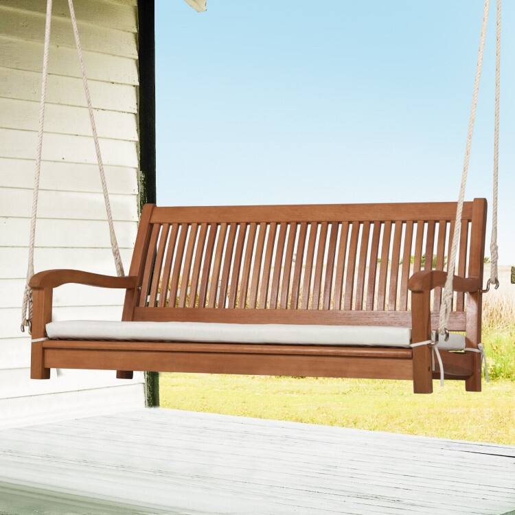 2-Person Hanging Porch Swing Wood Bench with Cushion Curved Back - 54.5" x 24.5" x 23.5"(L x W x H)
