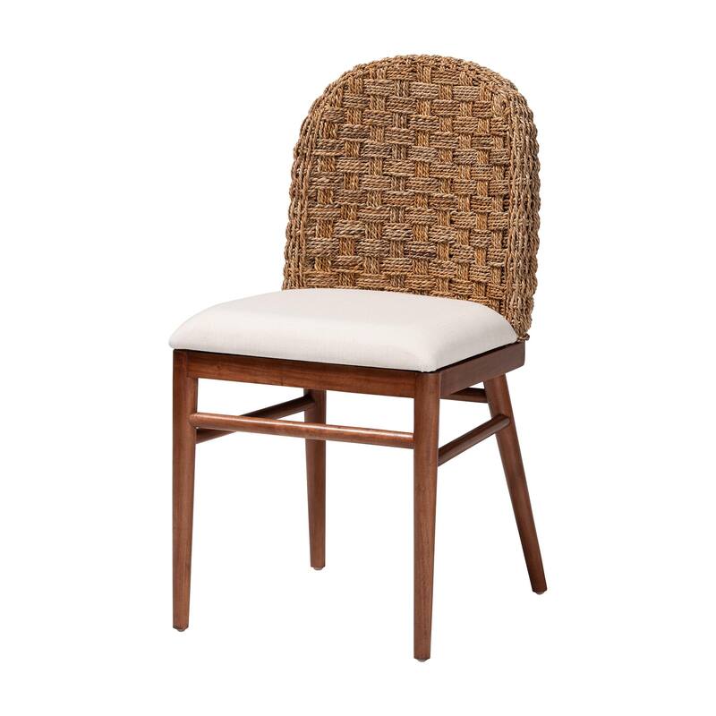 bali & pari Denver Modern Bohemian Walnut Brown Finished Acacia Wood and Seagrass Dining Chair - White, Walnut Brown