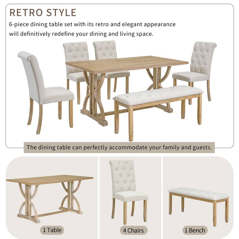 6 Pcs Wood Dining Table Set, Rectangular Kitchen Table Set with Unique Legs, 4 Upholstered Chairs and 1 Padded Bench