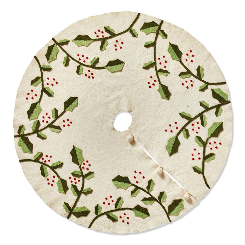 Holly and Berry Christmas Tree Skirt - White Multi Felt, 52" L x 0.5" W, Dry Clean Only, Festive Holiday Decor