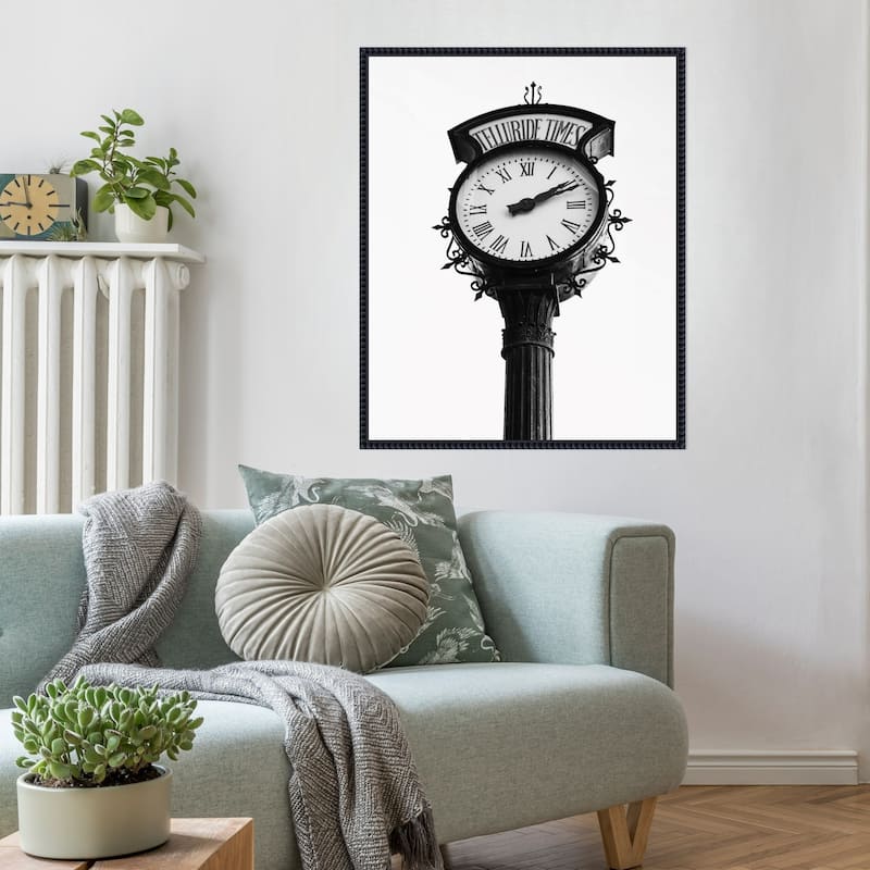 Vintage Street Clock with Marked Telluride Times by Del Mundo Imagery Framed Canvas Wall Art Print - Sylvie Beaded Black