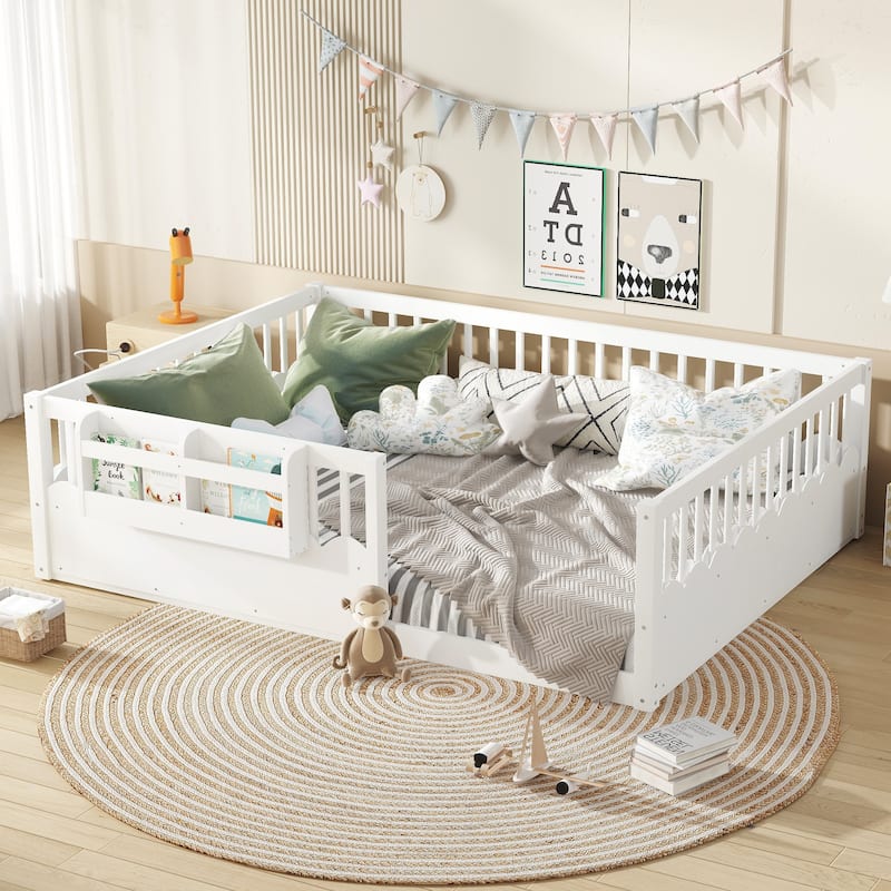 Montessori Floor Bed Kids Bed Frame with Heightened Fence and Bookshelf, Wavy Decoration Wood Platform Bed, No Slats Design - White - Queen