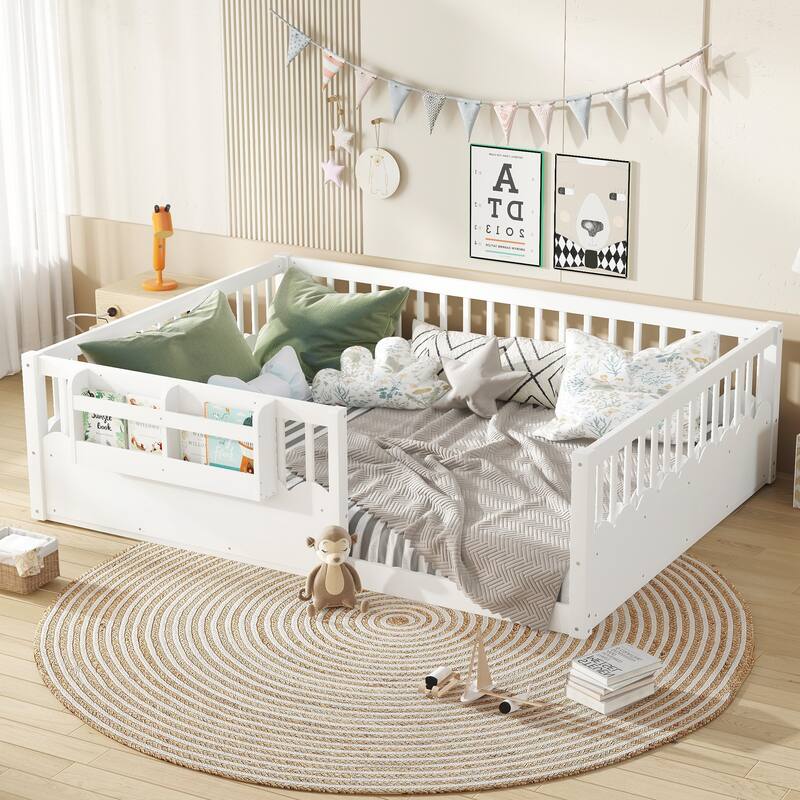 Queen Floor bed with Heightened Fence and bookshelf, Wood Floor Bed for Kids