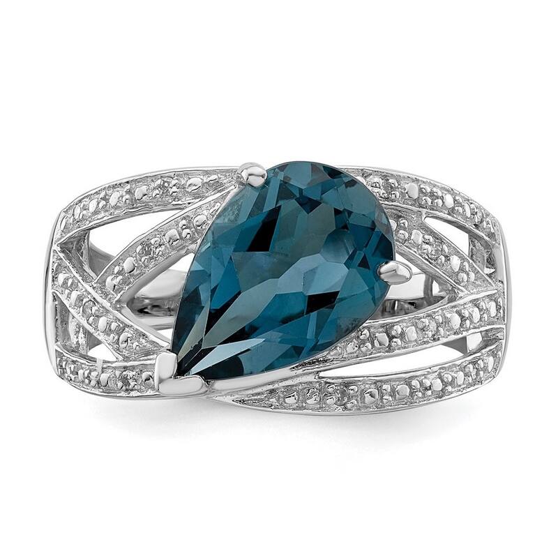 Curata 925 Sterling Silver Polished Open back Rhodium Plated Diamond and London Blue Topaz Ring