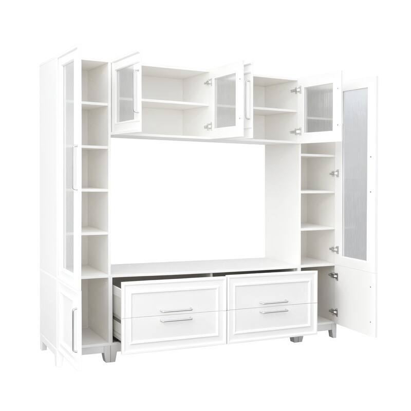 Modern 102" W Wall Unit Entertainment Center for TVs up to 75", Large Media TV Console with Glass Doors and Drawers