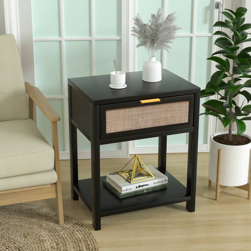 Anmytek 24" H Mid-Century Modern Wood Nightstand End Table with Storage Drawer and Open Shelf Rattan Bedside Table