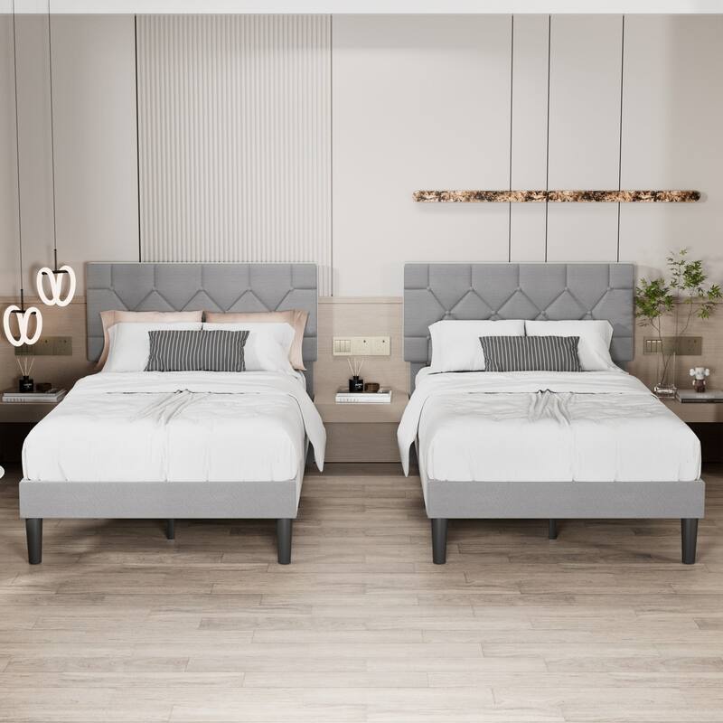 VECELO Upholstered Kids Bed Frame with Diamond Tufted Headoard,Twin Size Bed Set of 2 - Grey