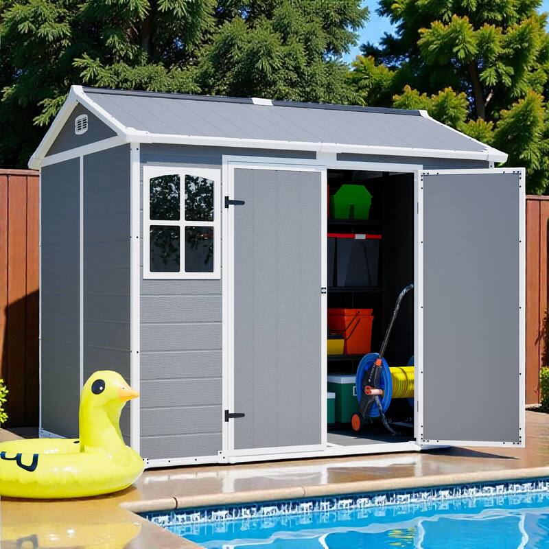 8x6 ft Plastic Utility Storage Shed with Floor, Lockable Garden Tool Shed for Backyard and Trash Bins