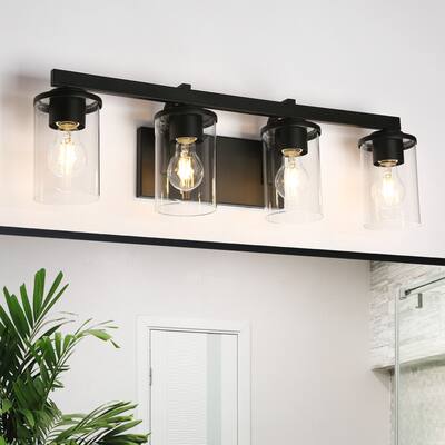 Modern Farmhouse 4-Light Black Bathroom Vanity Light Cylinder Glass Wall Sconces