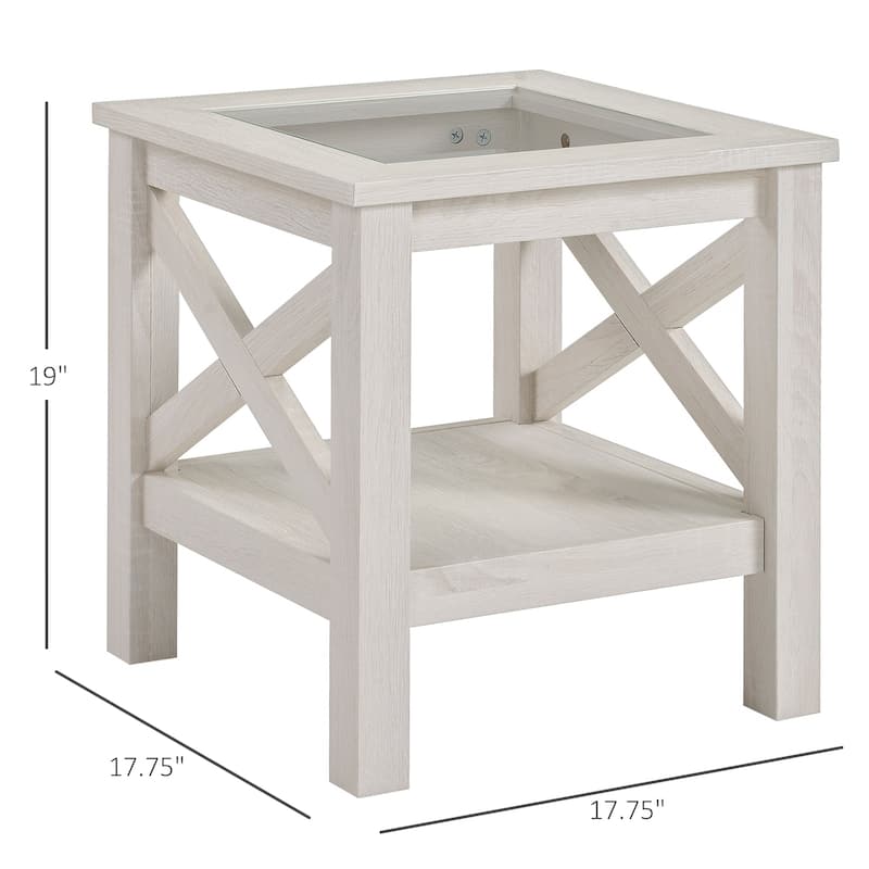 HOMCOM Traditional End Table with Wood Frame, Tempered Glass Tabletop and Underneath Storage Shelf, White Oak
