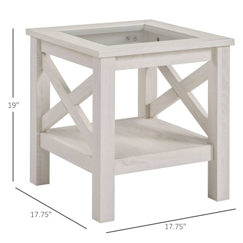 Modern White Oak Coffee Table with Tempered Glass Top and Storage Shelf X-Frame Design - 17.75'' L x 17.75'' W x 19'' H