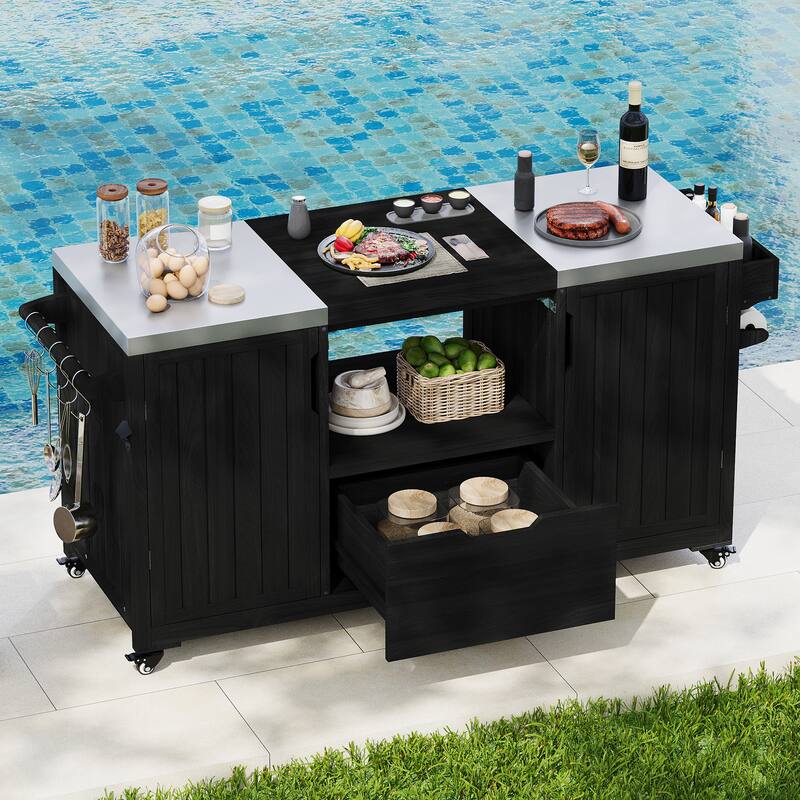 66.5" Solid Wood Outdoor Kitchen Island for Big Green Egg Grills with Stainless Steel Top & Drawer
