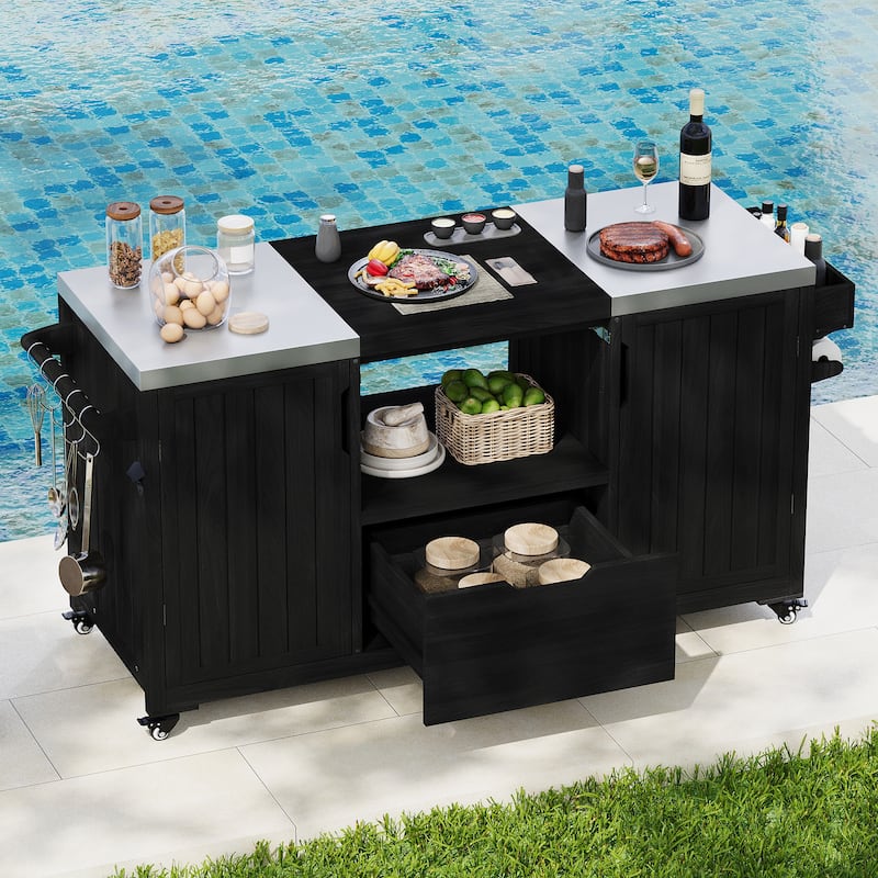 66.5"Outdoor Kitchen Island for Big Green Egg Grills,Solid Wood Grill Cart for Tabletop Grill with Stainless Steel Top, Drawer