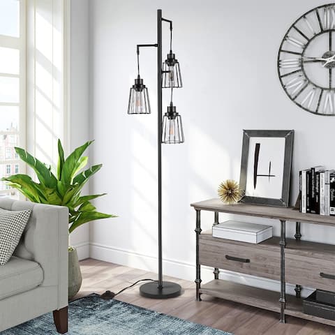 66" Black Tree Floor Lamp With 3 Metal Cage Shade