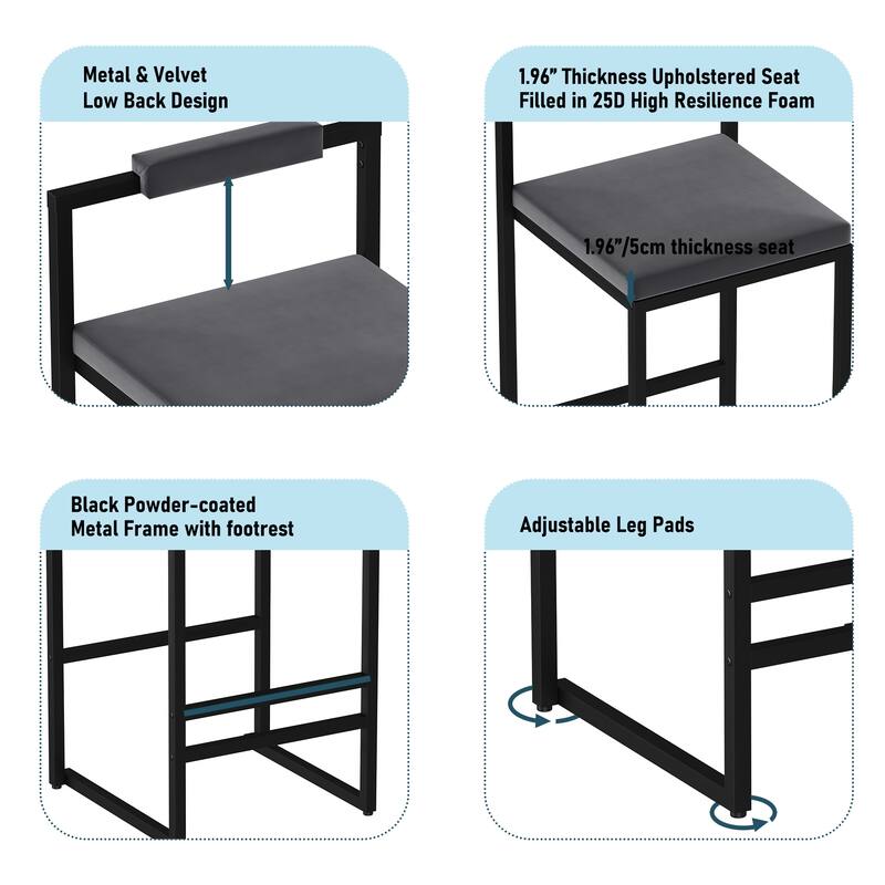 Modern Velvet Upholstered Bar Stools with Black Frame Set of 2