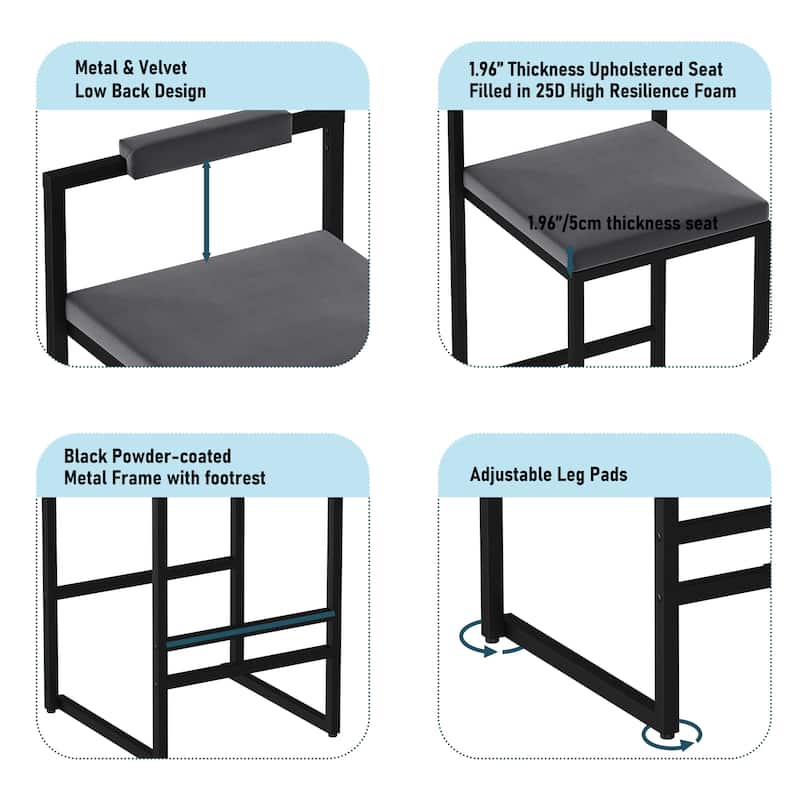 Velvet Upholstered Bar Stools Set of 2, Counter Height Bar Stools, Kitchen Island Stools with Footrest & Square Backrest