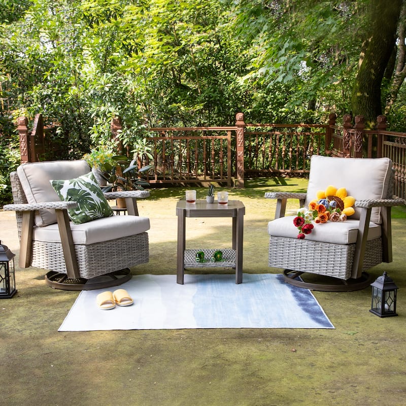 Cozywor 3-Piece Wicker Patio Swivel Rocking Chair Conversation Set