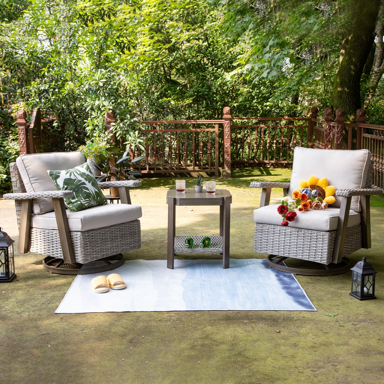 Cozywor 3-Piece Wicker Patio Swivel Rocking Chair Conversation Set