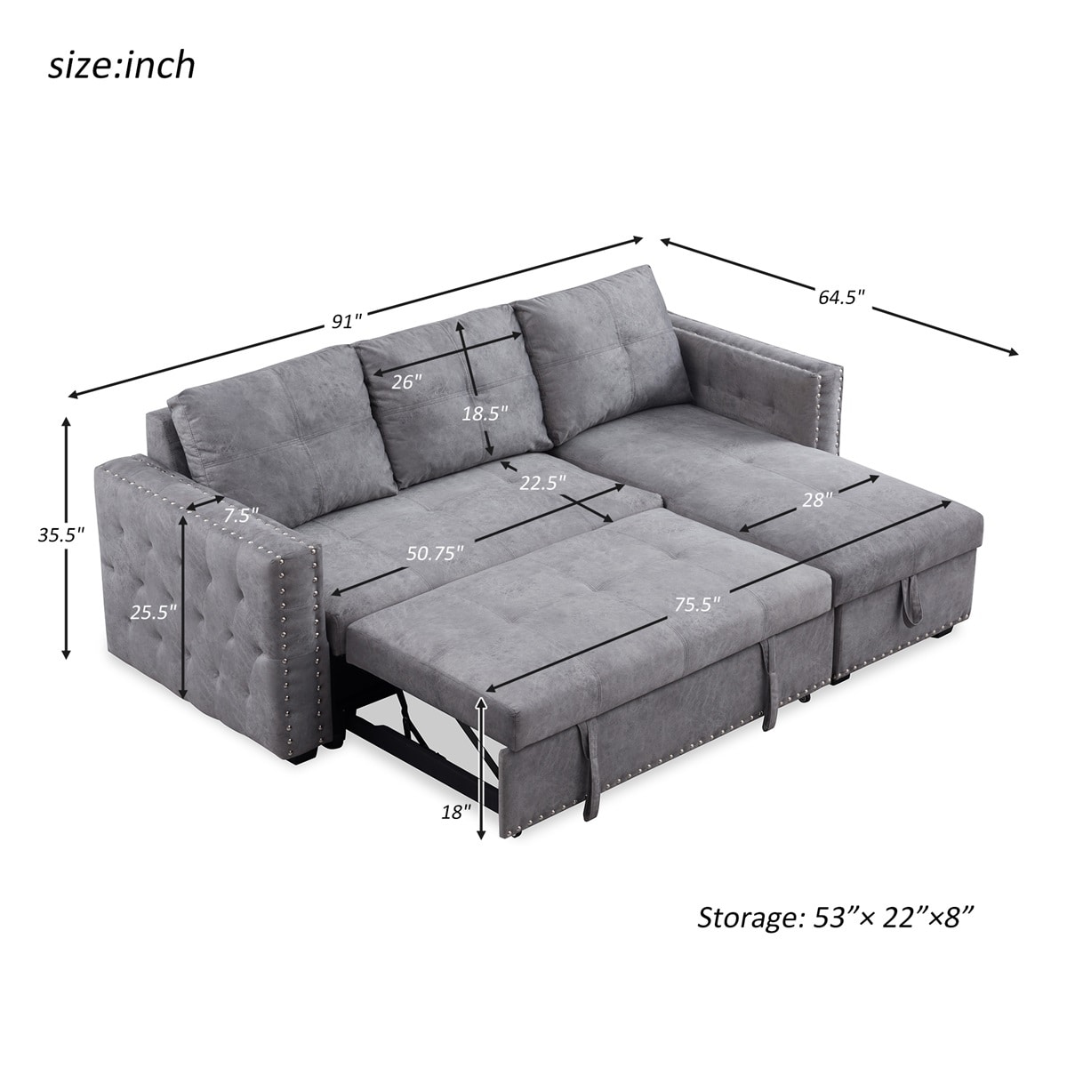 Merax 91 Inch Reversible Sleeper Sectional Sofa With Storage Chaise And Pull Out Bed Nailhead Overstock 31813473