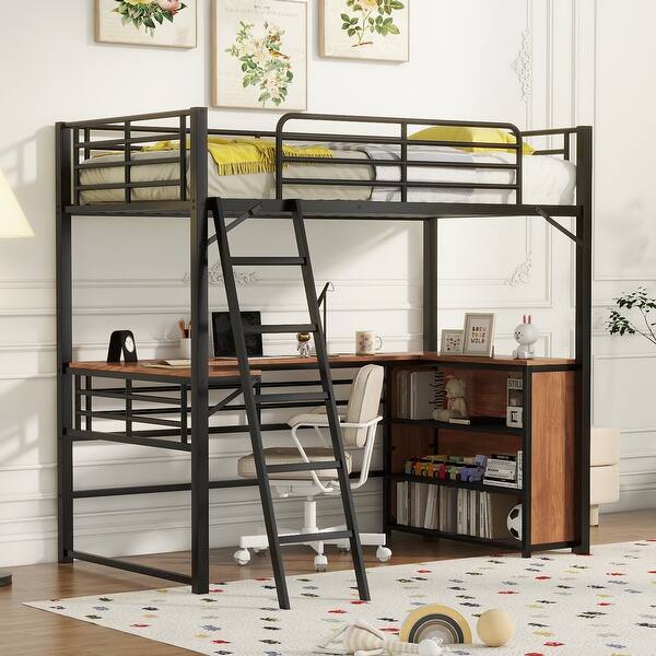 slide 2 of 13, Twin Size Metal Loft Bed with L-shaped Desk and 3-Tier Shelving for Efficient Space Utilization