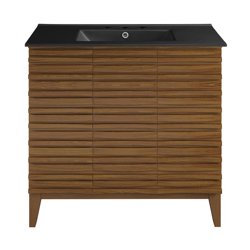 Cascade 36 In. Brown Oak Bathroom Vanity With Black, 3-Hole Ceramic Sink Top