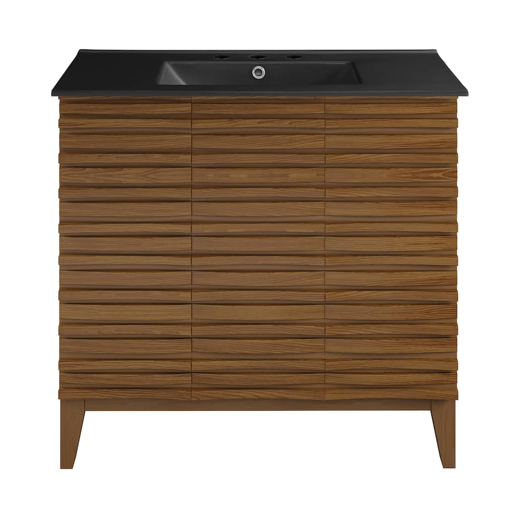 Cascade 36 In. Brown Oak Bathroom Vanity With Black, 3-Hole Ceramic Sink Top