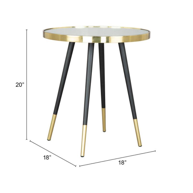 20" Modern Gold and Black Round Glass End Table with Mirrored Top and Iron 4-Leg Base for Living Room - 20”H x 18”W x 18”L