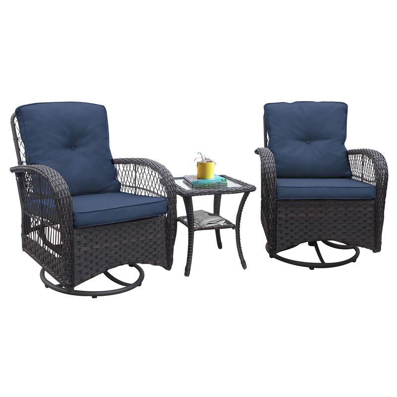 Outdoor Patio Conversation Swivel Rocker Chairs Set of 2 with Rattan Side Table - Navy Blue