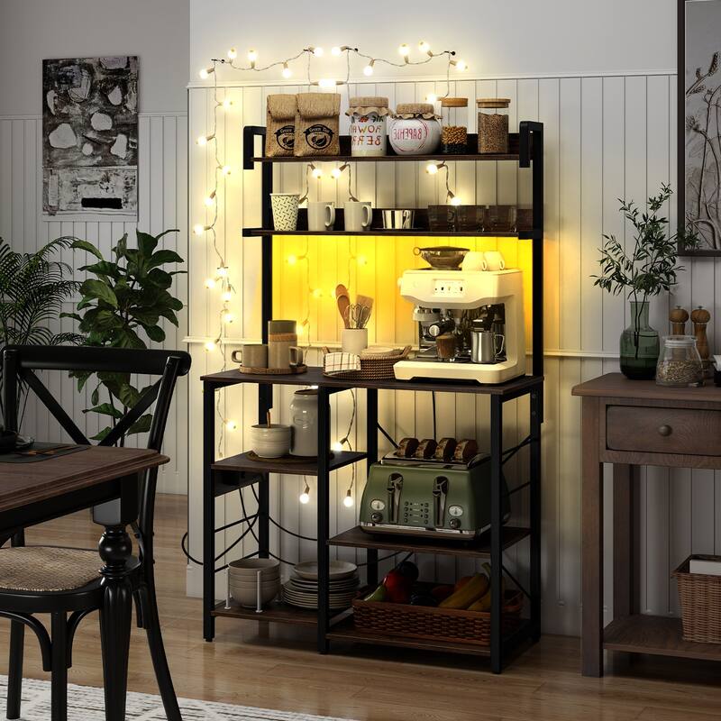 Kitchen Baker’s Rack with Charging Station, LED Light, Coffee Bar Station with Shelves - 35.5" x 16" x 58"