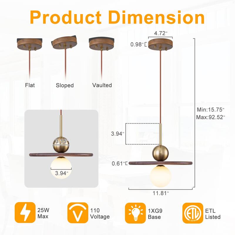 Modern Walnut Flying Saucer Pendant Light for Kitchen Island Lighting - Dia.12-in