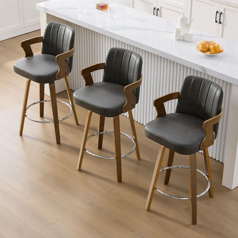 Upholstered Swivel Barstool with Arms and Bentwood Legs - 40.8"H x 18.9"W x 19.5"D/19.3"D