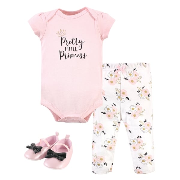 slide 1 of 1, Little Treasure Baby Girl Cotton Bodysuit, Pant and Shoe 3pc Set, Pretty Princess 0-3 Months - Pretty Princess