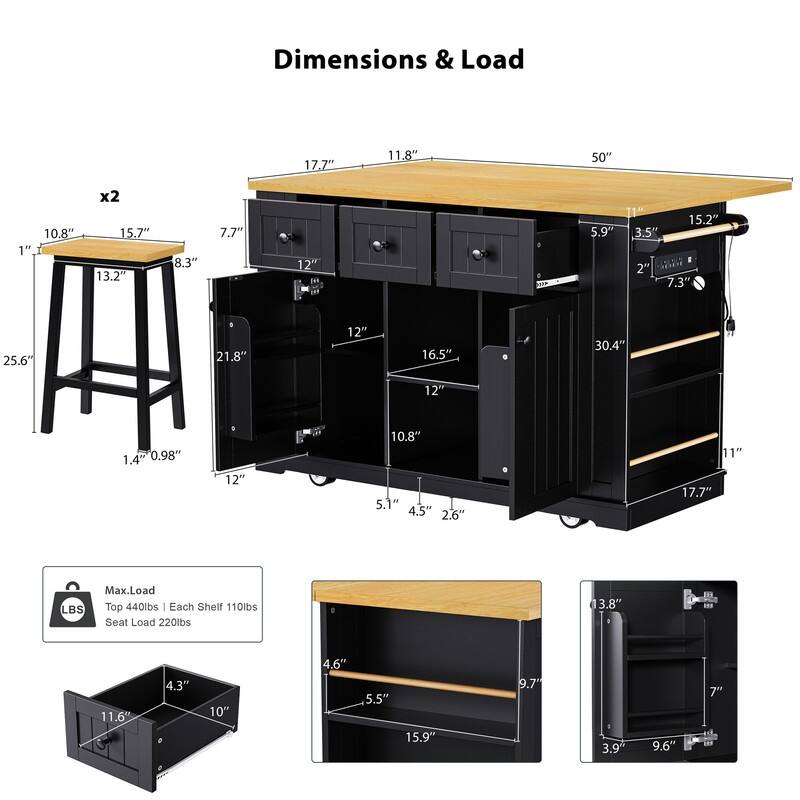3-Piece/1 Piece Kitchen Island Set with/without 2 Bar Stools, Kitchen Cart on Wheels with 3 Drawers, Drop Leaf & Open Side Racks