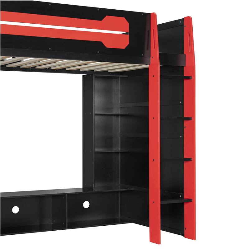 Twin Size Wood Loft Bed with Desk, Multi-storage Shelves and RGB Light