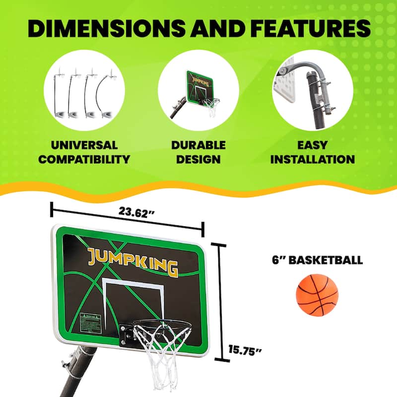 Trampoline Basketball Hoop Set - Breakaway Rim, Goose Neck Pole & Mini Ball - Fits Most Trampoline Poles - 24