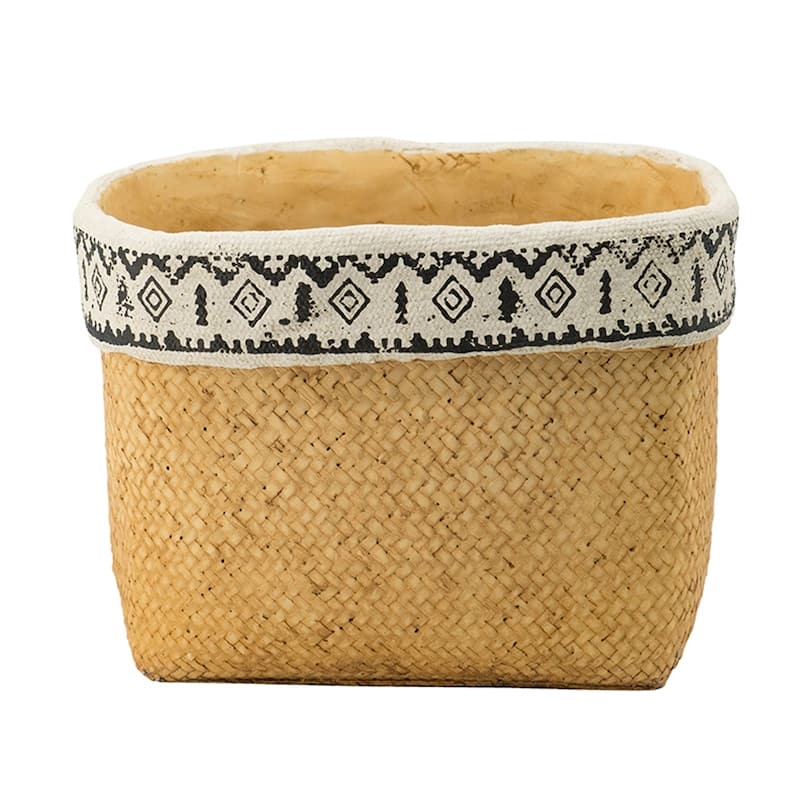 Set of 2 Rectangular Basket Planters with Geometric Trim, L:10.5x8.5x8" S:7.5x5.5x6.5"