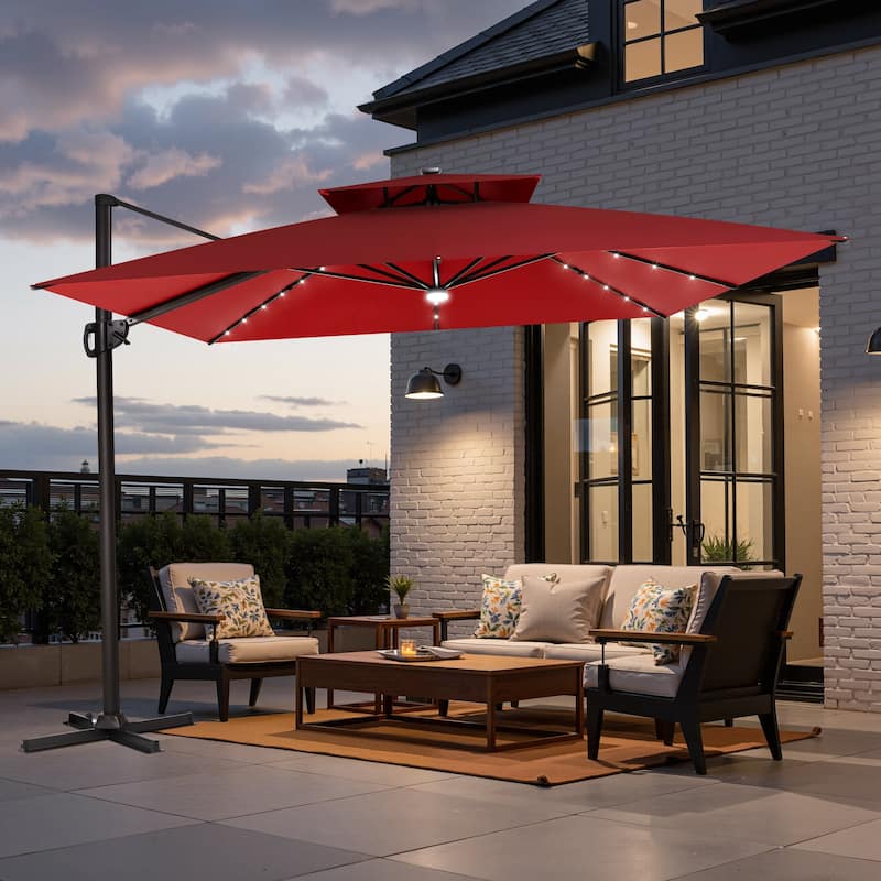 11 FT Outdoor Square Solar Powered LED Double Top Patio Cantilever Umbrella - Red