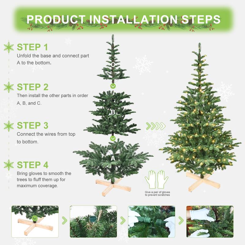 8ft Pre-Lit Christmas Tree with 500 Warm White LED Lights, 1307 PE+PVC Tips, Realistic Layered Look,Unique Wooden Base