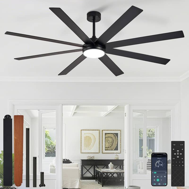 Large Ceiling Fan with Light - 8-Blade, Remote App Control, Dimmable 3CCT, Quiet DC Motor​, 66/72 Inches