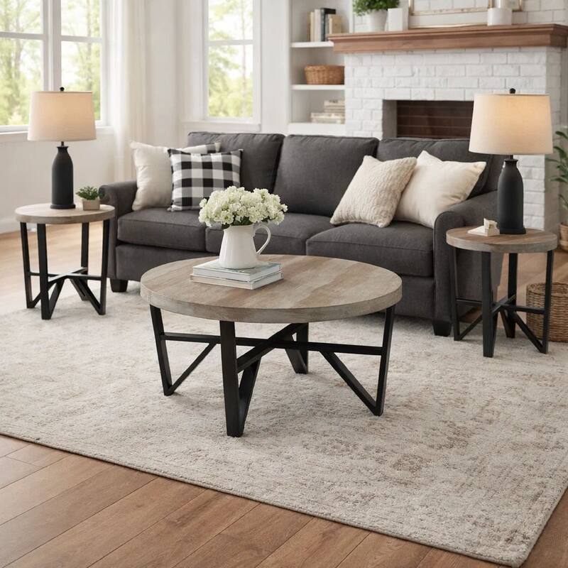 Hya 3pc Coffee and End Table Set, Brown Wood Round Top, Black Angular