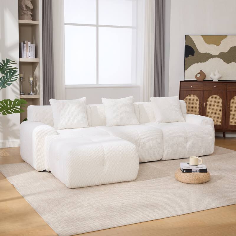 Modular L Shaped Sectional Sofa with Ottoman, Oversized Boneless Cloud Tufted Couch, Upholstered 3-Seater Sofa with 3 Pillows