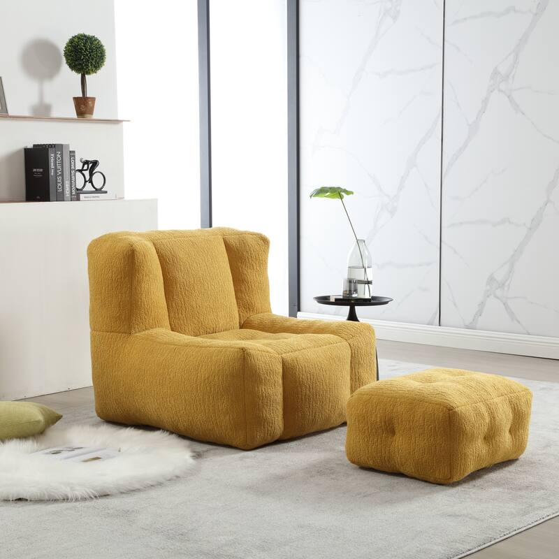 Fluffy Bean Bag Chair with Memory Foam and Ottoman, Super Soft Velvet Bean Bag for Adults & Kids, Comfortable Lazy Sofa