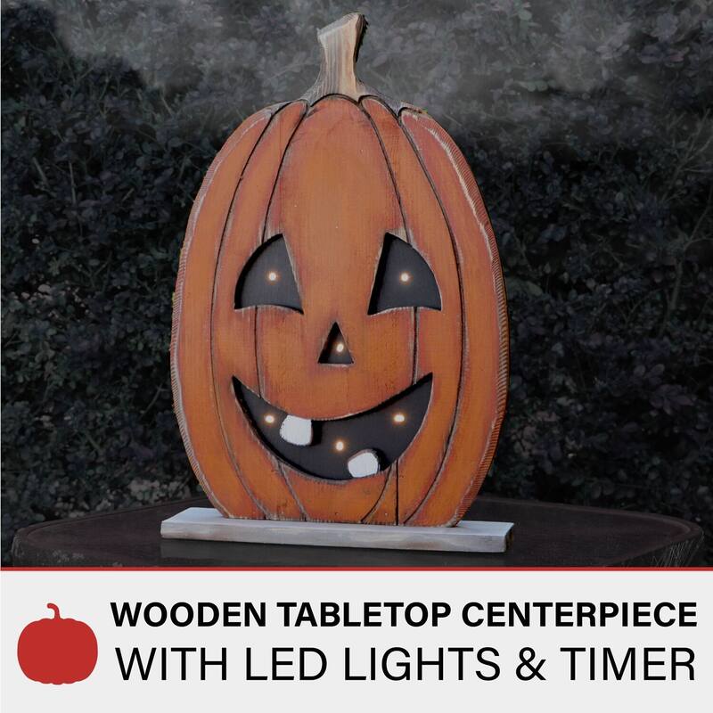 Haunted Hill Farm 18-In. Tall Pumpkin Battery-Operated Wooden Centerpiece with Lights and Timer